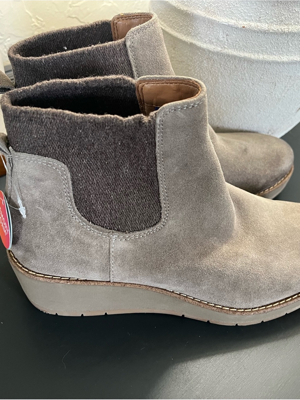 Comfortiva Taupe Suede Ankle Boots with Dark Knit Panel